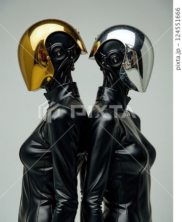 Futuristic duality: gold and silver helmeted figures in symmetrical composition 124551666