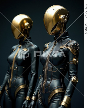 Futuristic robotic figures in gold and black suits for sci-fi design concepts 124551667