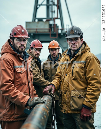 Group of industrial workers in protective gear at construction site 124551672