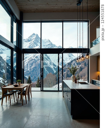 Modern mountain retreat with panoramic alpine views and elegant interior design 124551878