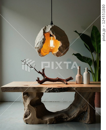 Modern nature-inspired interior design with unique stone pendant light and rustic table Modern nature-inspired interior design with unique stone pendant light and rustic table 124551880