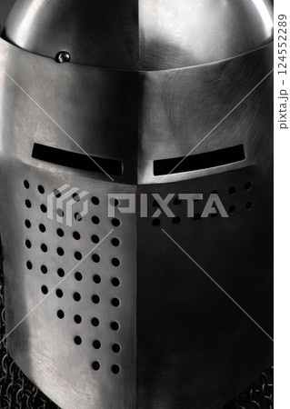 Close-up of Medieval Italian Bascinet Helmet Close-up of Medieval Italian Bascinet Helmet 124552289
