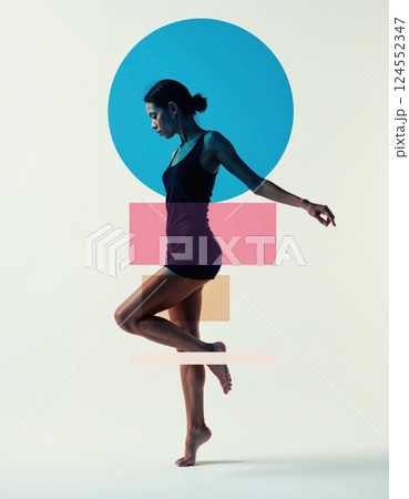 Modern dance and geometric art fusion featuring a ballerina in motion 124552347