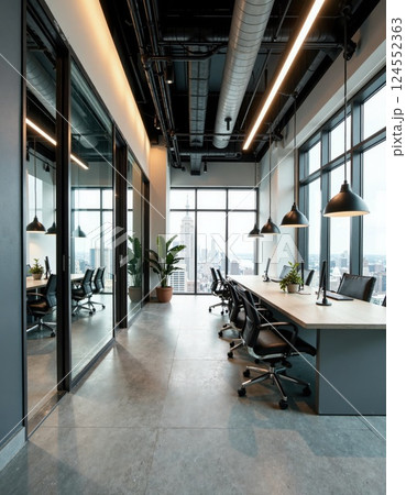 Modern office space with city view and sleek interior design elements Modern office space with city view and sleek interior design elements 124552363