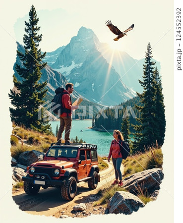 Scenic mountain adventure with hiking exploration and off-road vehicle journey 124552392