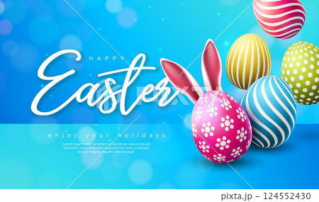 Happy Easter Illustration with Flower, Painted Egg and Rabbit Ears on Blue Background. Vector International Religious Celebration Holiday Design with Typography Letter for Greeting Card or Banner. Happy Easter Illustration with Flower, Painted Egg and Rabbit Ears on Blue Background. Vector International Religious Celebration Holiday Design with Typography Letter for Greeting Card or Banner. 124552430