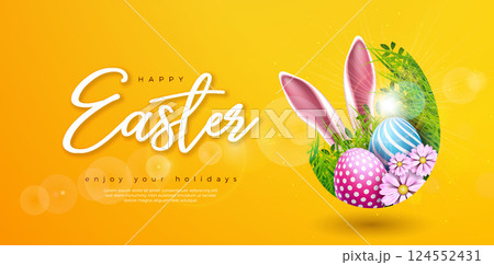 Happy Easter Illustration with Flower, Painted Egg and Rabbit Ears on Yellow Background. Vector International Religious Celebration Holiday Design with Typography Letter for Greeting Card or Banner. Happy Easter Illustration with Flower, Painted Egg and Rabbit Ears on Yellow Background. Vector International Religious Celebration Holiday Design with Typography Letter for Greeting Card or Banner. 124552431