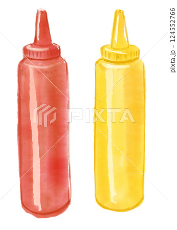 ポップな容器に入ったケチャップとマスタードの手描き水彩イラスト 124552766