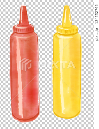 手繪水彩插圖，描繪了汽水容器中的番茄醬和芥末醬 124552766