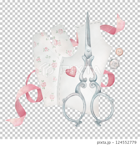 Vintage scissors, red satin ribbon, buttons, beads in watercolor style. Composition of sewing accessories and garment pattern on white background. Retro fashion clipart for design. 124552779