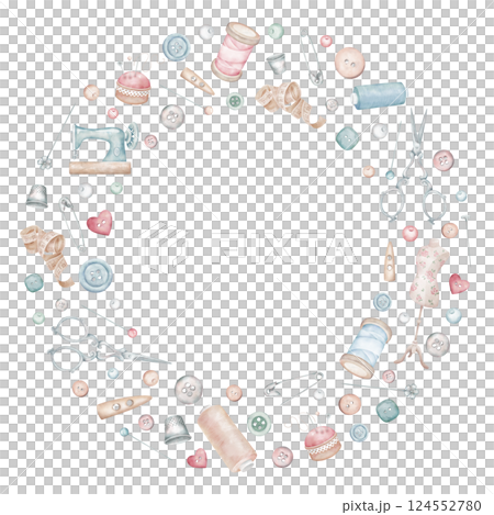 Sewing tools and atelier equipment round frame. Sewing machine, mannequin, pincushion, scissors, buttons, thimble, spool, safety pin in watercolor style. Circle composition of tailor accessories for d Sewing tools and atelier equipment round frame. Sewing machine, mannequin, pincushion, scissors, buttons, thimble, spool, safety pin in watercolor style. Circle composition of tailor accessories for d 124552780