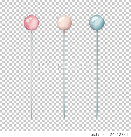 Sewing pins set, needlework accessories. Hand drawn red, blue, beige straight pins in watercolor style. Graphic elements for design. Sewing pins set, needlework accessories. Hand drawn red, blue, beige straight pins in watercolor style. Graphic elements for design. 124552783