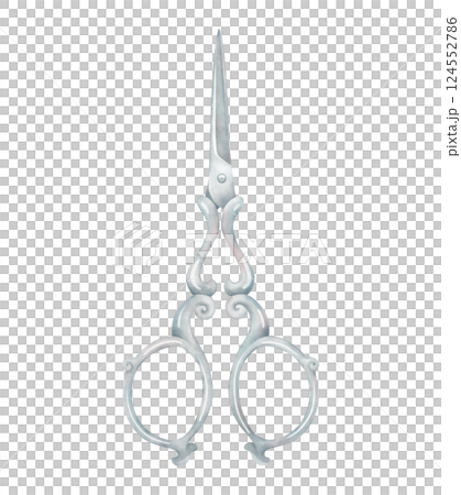 Watercolor scissors in retro style. Elegant tool for sewing, tailor accessory, hairdressing equipment. Hand drawn illustration isolated on white. Clipart for design. Watercolor scissors in retro style. Elegant tool for sewing, tailor accessory, hairdressing equipment. Hand drawn illustration isolated on white. Clipart for design. 124552786
