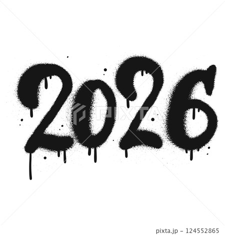 Urban Graffiti number 2026 for happy new year with black spray paint. Grunge sprayed vector illustration. Urban Graffiti number 2026 for happy new year with black spray paint. Grunge sprayed vector illustration. 124552865