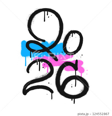 2026 two-tier number graffiti lettering, grunge typographic composition. Thin distorted cartoon characters inscribed in a square shape. Modern trendy textured hand drawn font. New Year template. 124552867
