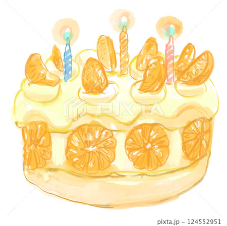 丸ごとみかんを使った美味しそうな誕生日のホールケーキの手描き水彩イラスト 124552951