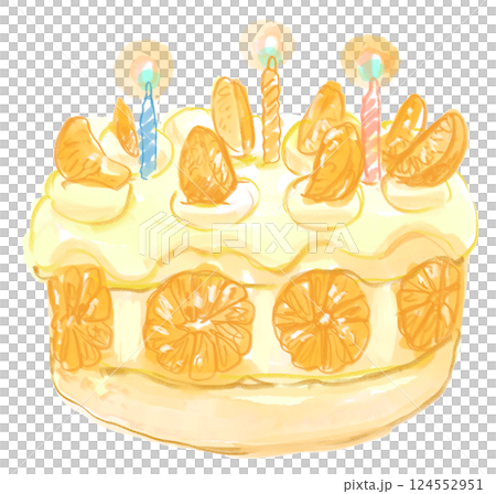 手繪水彩畫，描繪了一個用整個橘子製作的美味生日蛋糕 124552951
