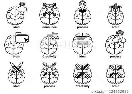Set of illustrations in the concept of brain and things in line art style 124552985