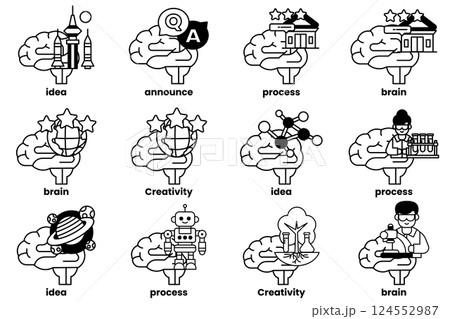 Set of illustrations in the concept of brain and things in line art style 124552987
