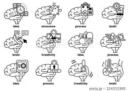 Set of illustrations in the concept of brain and things in line art style 124552995