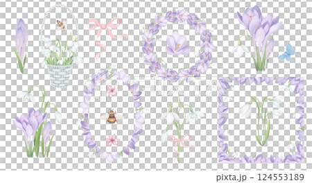 Snowdrops and crocuses botanical illustration set. Watercolor floral collection, spring flower bouquet, wicker basket, wreath, border frame, pink ribbon, honeybee. Hand drawn elements for greeting car 124553189