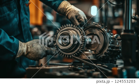 Close-Up of Technician Hands Working on Mechanical Engine Parts 124553203
