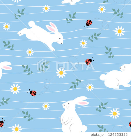 Seamless Easter floral pattern with cute bunnies and ladybugs on spring garden 124553333