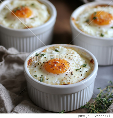 Creamy Baked Eggs with Fresh Herbs in White Ceramic Ramekins 124553551