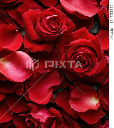 Beautiful Red Roses With Petals on a Dark Background Close-Up 124553552