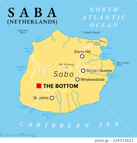 Saba, island of the Caribbean Netherlands, political map with capital The Bottom. Located in the northern Leeward Islands portion of the West Indies. Consisting largely of dormant volcano Mt. Scenery. 124553621