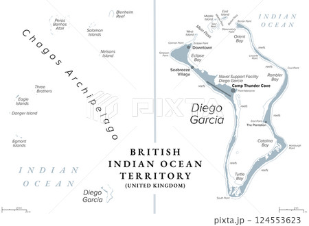 British Indian Ocean Territory, BIOT, gray political map. Atolls of Chagos Archipelago in the Indian Ocean with largest island Diego Garcia, the site of a Joint Military Facility of the U.K. and USA. British Indian Ocean Territory, BIOT, gray political map. Atolls of Chagos Archipelago in the Indian Ocean with largest island Diego Garcia, the site of a Joint Military Facility of the U.K. and USA. 124553623