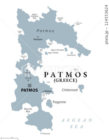 Patmos, Greek island, gray political map. Island of Greece in the Aegean Sea, northernmost part of Dodecanese. Here John of Patmos received the visions found in Book of Revelation of New Testament. 124553624