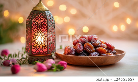 Traditional Lantern with Dates and Flowers on a Soft Background 124553657