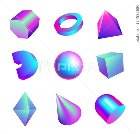 Gradient 3D shapes. Abstract geometric figures. Iridescent render blocks. Glossy cube and sphere. Shine tubes. Pyramid or cone structure. Foil hemisphere. Vector isolated forms set Gradient 3D shapes. Abstract geometric figures. Iridescent render blocks. Glossy cube and sphere. Shine tubes. Pyramid or cone structure. Foil hemisphere. Vector isolated forms set 124553680