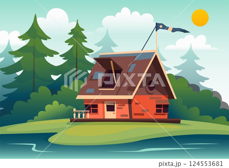 Home exterior. Real estate. Suburb house. Wild tree forest and river. Residential building. Riverside house. Woodland dwelling facade. Cottage in nature. Summer landscape. Vector panorama 124553681