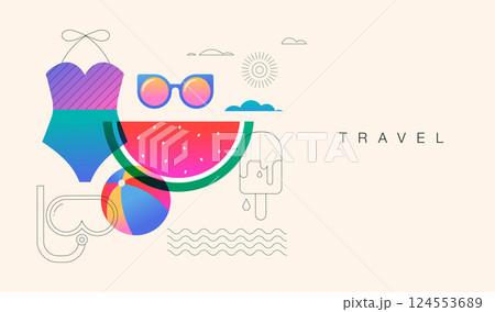 Colorful summer background with swimsuit, watermelon, sunglasses and beach ball. Bright modern 124553689