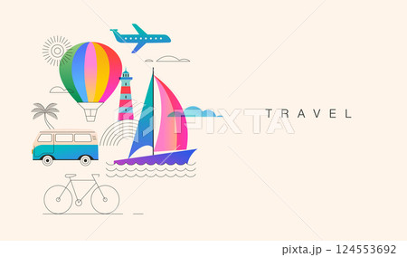 Colorful summer vacation travel background. Bright modern illustration with color gradient. 124553692