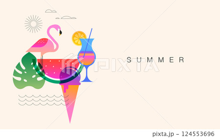 Colorful summer background with tropical monstera leaf, flamingo, ice cream, cocktail and watermelon 124553696