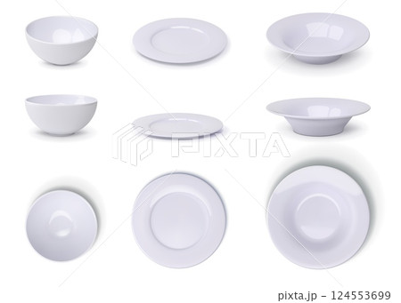 Plate mockup. White ceramic dish bowl, empty porcelain for food. Realistic top and side view of clean kitchen utensil, dinner tableware. Blank restaurant. Vector 3d isolated illustration 124553699