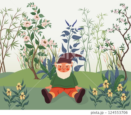 Cute gnomes. Cartoon fairy tale dwarves. Senior fabulous little character sitting on meadow. Happy midget relaxing. Wild flowers. Mythology leprechaun. Vector fantasy bearded man in cap 124553706