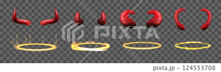 Evil horn. Angel halo. 3D golden ring. Halloween carnival costume. Red devil or black demon attributes. Saint heaven circle. Transparent background. Vector realistic photo mask elements set 124553708