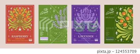 Flower pattern. Indian chocolate. Tea box with elegant premium mandala for wedding gift. Royal ethnic frame. Food label. Product package design template. Vector advertising banners set 124553709