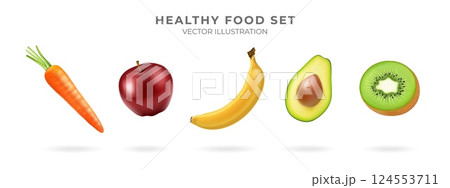 3D vegetables. Healthy food. Juicy fruit for health. Hovering kiwi. Carrot and apple produce as press protein nutrition. Diet organic eat. Ripe avocado. Vector vegan ingredients banner 124553711