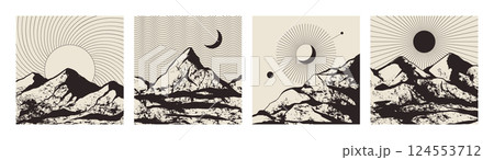 Arizona desert. Hipster earth landscape, aesthetic American bohemian mountain silhouette. Square cards design. Monochrome scenery, minimal background. Vector design isolated illustration 124553712