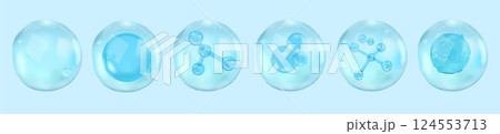 3D water drop. Circle cell. DNA sphere or glass science droplet. Transparent collagen and vitamin serum blobs. Hydrating molecule. Fluid structure. Vector moisturizing product elements set 124553713