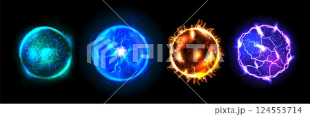 Light ball. Blue magic fire portal. Energy flame flash or crystal orb power. Electric lightning sparkles. Glow planet sphere. Blazing plasma shape. 3D round game elements vector set 124553714