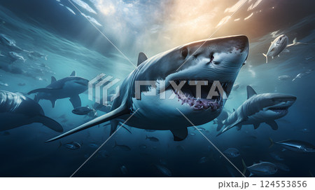 swimming white shark in the ocean.  124553856
