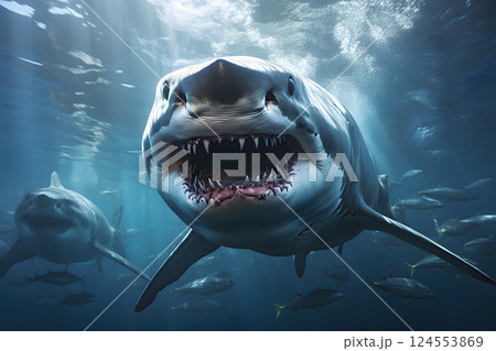 swimming white shark in the ocean.  124553869