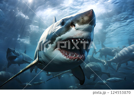 swimming white shark in the ocean.  124553870