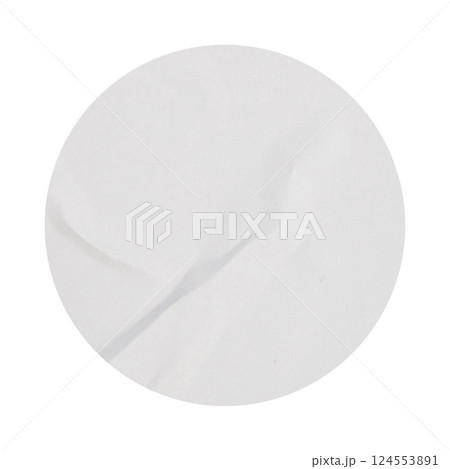 Blank White empty price round crumpled paper emblem mockup promotion sticker label cutout isolated on a transparent background Copy space preview tag, label 124553891